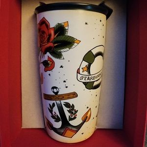 Starbucks Mermaid Siren Tattoo Sailor Ceramic 2015 Tumbler Mug w Lid -NWB